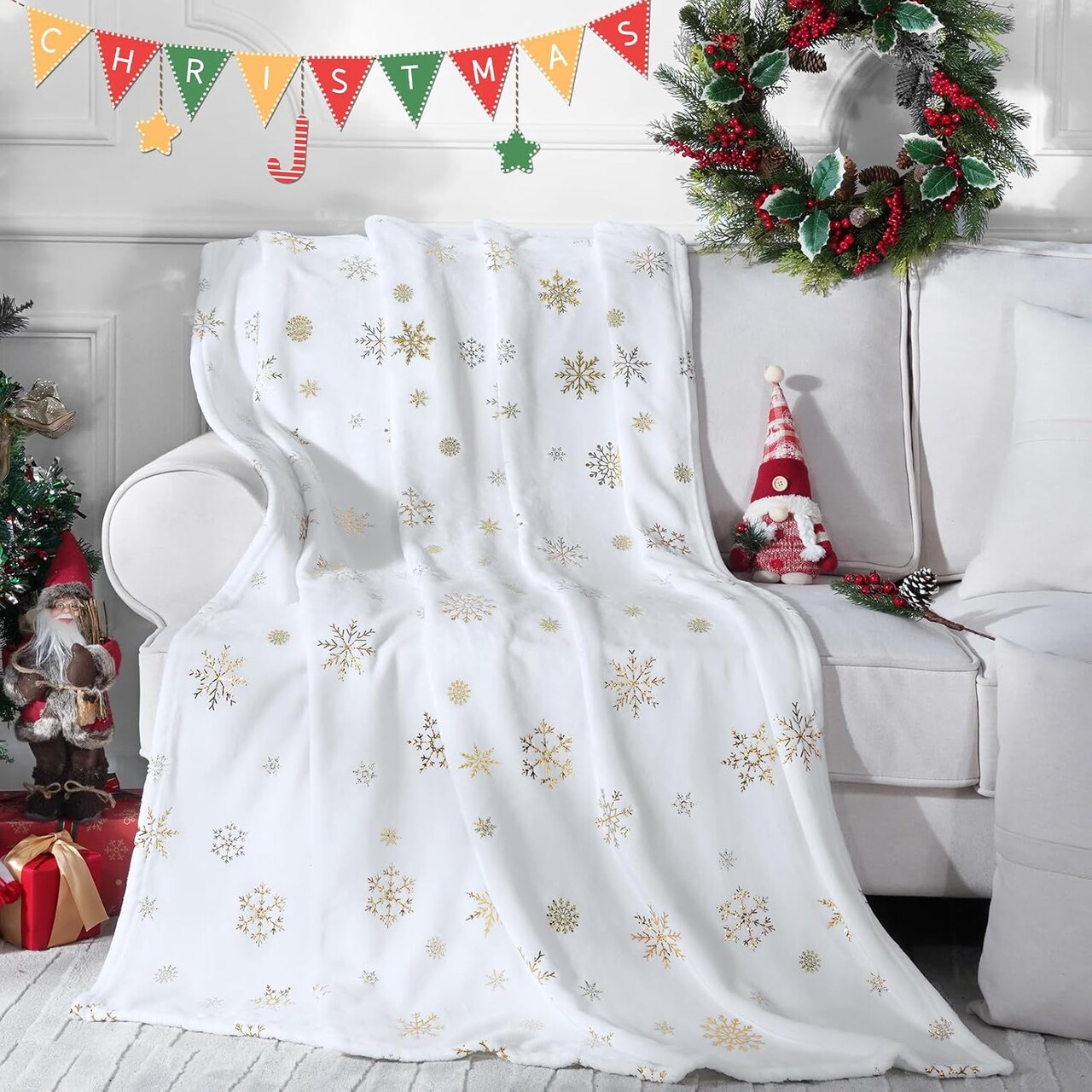 Christmas Throw Blanket, Soft White Winter Fleece Blanket Throw, Gold Snowflake Warm Fuzzy Flannel Blanket for Couch Sofa, Decorative Comfort Luxury Blanket 50'' x 60'', Christmas Decorations